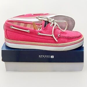 Sperry Top Sider Bahama 2 Eye Pink Linen Boat Shoe Preppy Coastal Size 9.5